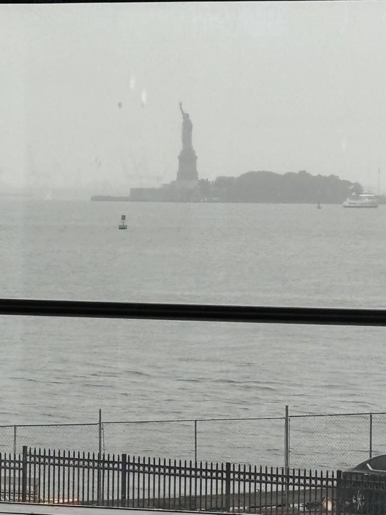 The Statue of Liberty through the ferry window on a gray day