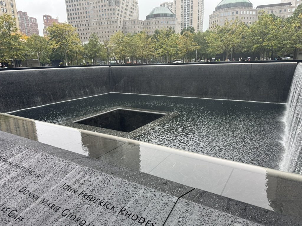 The 9/11 Memorial pool in the rain